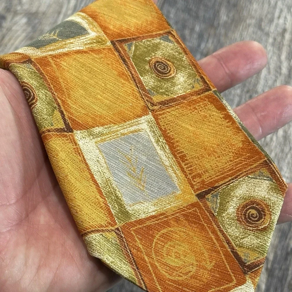 Ermenegildo Zegna 100% Silk‎ Tie Geometric Square Pattern Gold Orange Gray Italy